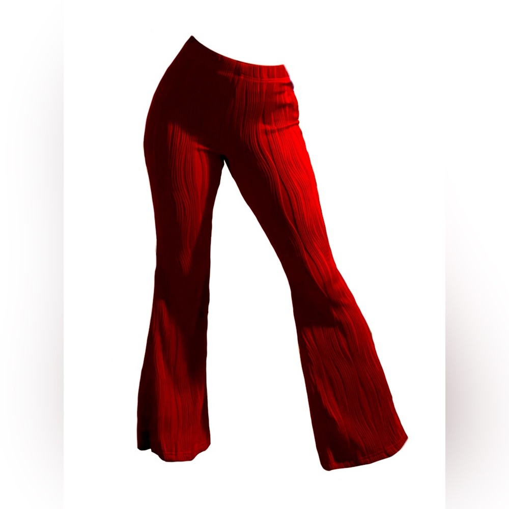 RED FLARE PANTS WITH TEXTURE, RICH FABRIC